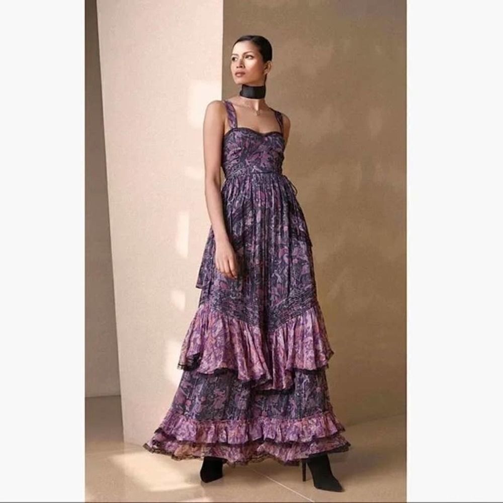 Rococo Sand NOTT Sweet heart Tiered Metallic Purple Maxi Long Dress Large